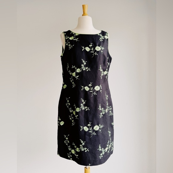 VINTAGE 90's JESSICA HOWARD PETITE Black and Green Linen Blend Floral Dress 14P - Picture 1 of 6